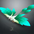 Flying Mythical Bird With Green Leaf Shaped Wings And Turquoise Feathers In Illustration Style