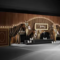 Elegant Wedding Stage With Wooden Backdrop Gold Arch And Floral Decorations