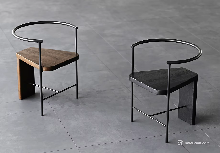 Two Modern Leisure Chairs With Curved Metal Frames And Contrasting Wooden Seats 3d model 
