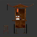 Red Canopy Food Cart With Wooden Display Shelf And Side Bench