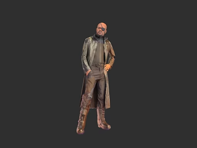 Male Game Movie Character In Long Trench Coat With Glasses Standing Pose 3d model