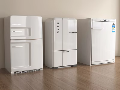 Three White Refrigerators Different Styles On Wooden Floor With Light Wall 3d model