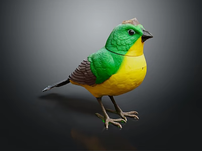 Vibrant Green and Yellow Bird with Black Tail Standing on Dark Background 3d model