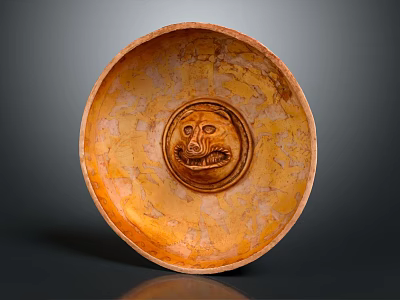 Decorative Ornament Set Featuring Circular Ceramic Plate With Carved Smiley Face Orange Yellow Cracked Texture 3d model