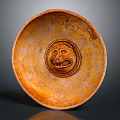 Decorative Ornament Set Featuring Circular Ceramic Plate With Carved Smiley Face Orange Yellow Cracked Texture
