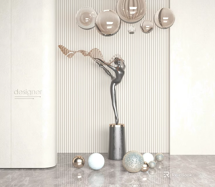 Metallic Female Sculpture On Pedestal With Striped Wall Ceiling Lamps And Decorative Spheres 3d model 