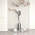 Metallic Female Sculpture On Pedestal With Striped Wall Ceiling Lamps And Decorative Spheres