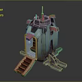 Sci Fi Fortress Structure With Teal Red Accents Tower Platform And Stairs