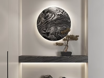 Bonsai Plant Display on Modern Shelf with Round Marble Wall Art and Warm Lighting 3d model