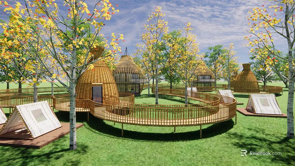 Circular Wooden Walkway Road Facilities Featuring Bamboo Pavilions Green Grass And Trees 3d model 