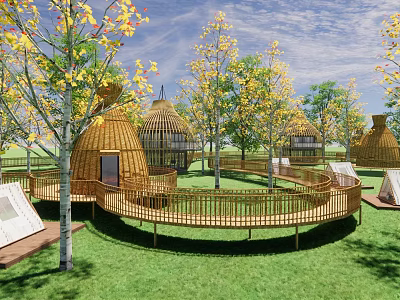 Circular Wooden Walkway Road Facilities Featuring Bamboo Pavilions Green Grass And Trees 3d model
