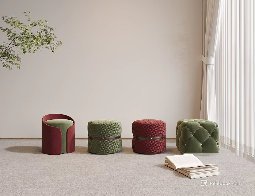 Colorful Modern Velvet Stools Upholstered in Indoor Space with Green Plant and Curtain 3d model 