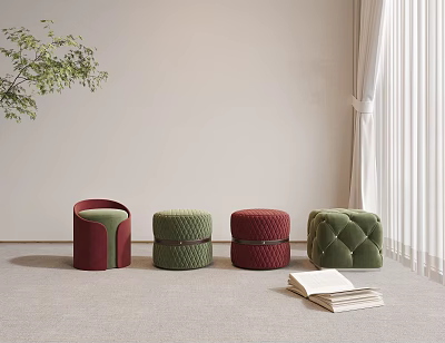 Colorful Modern Velvet Stools Upholstered in Indoor Space with Green Plant and Curtain 3d model