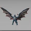 Blue Horned Fantasy Creature Standing With Red Membrane Wings And Clawed Feet