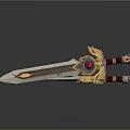 Ornate Double Bladed Sword With Golden Accents Red Gemstones And Metallic Shine