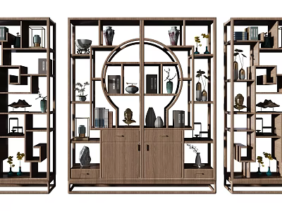 Traditional Chinese Wooden Display Shelf with Multiple Tiers Circular Design and Decorative Items 3d model