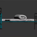 Black And Blue Metal Frame Beds Featuring Plaid Striped Mattress And Rolled Up Mattress