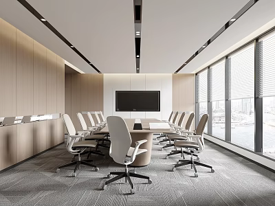 Modern Conference Room Interior With Long Meeting Table White Chairs Large Windows And Wooden Walls 3d model