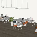 Modern White Office Desk in Open Workspace With Orange Chairs Green Plants and Hanging Lights