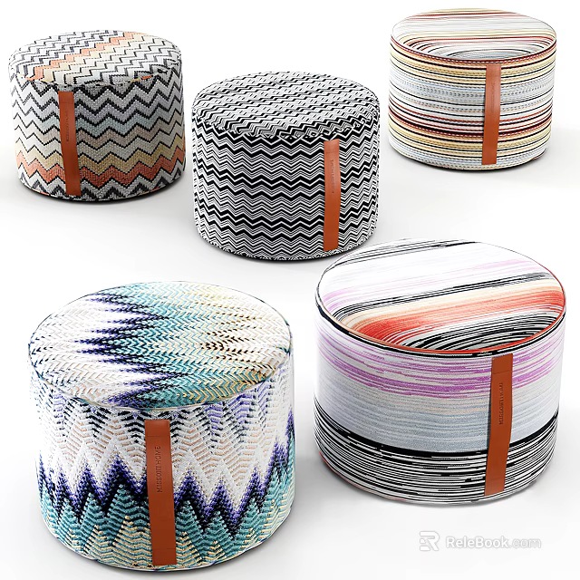 Colorful Round Ottoman Poufs With Striped Zigzag Patterns And Orange Straps 3d model 