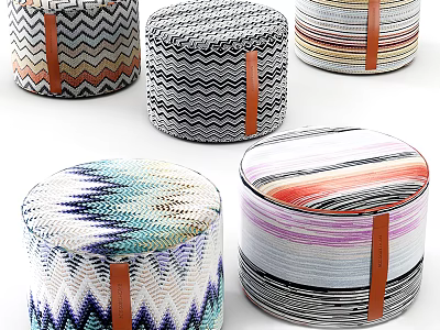 Colorful Round Ottoman Poufs With Striped Zigzag Patterns And Orange Straps 3d model
