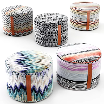 Colorful Round Ottoman Poufs With Striped Zigzag Patterns And Orange Straps 3d model