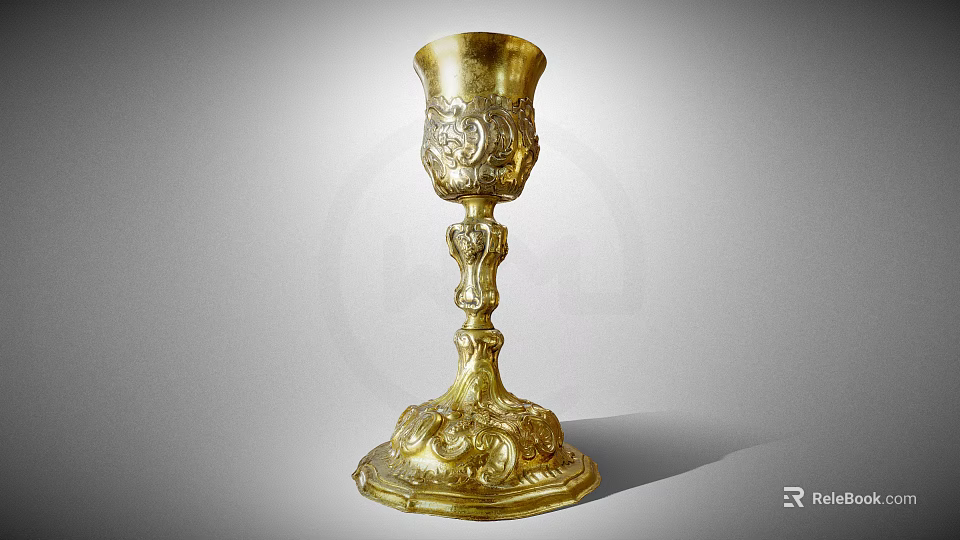 Luxurious Vintage Golden Goblet With Intricate Carved Patterns And Elegant Tall Stem Design 3d model 