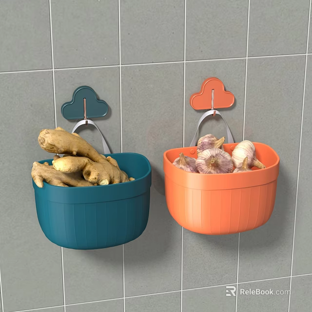 Wall Mounted Baskets With Cloud Shaped Hooks Holding Ginger And Garlic On Gray Tile Wall 3d model 