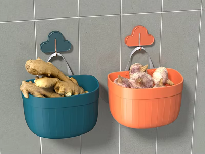 Wall Mounted Baskets With Cloud Shaped Hooks Holding Ginger And Garlic On Gray Tile Wall 3d model