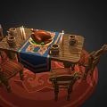 Cartoon Dining Scene Featuring Wooden Table Chairs Roast Chicken Blue Tablecloth Candles And Red Carpet