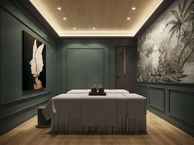 SPA Sauna Interior With Massage Bed Green Walls Wooden Ceiling And Tropical Mural 3d model