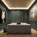 SPA Sauna Interior With Massage Bed Green Walls Wooden Ceiling And Tropical Mural