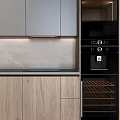 Modern Kitchen Wooden And Gray Cabinets With Built in Appliances Wine Rack And Black Countertop