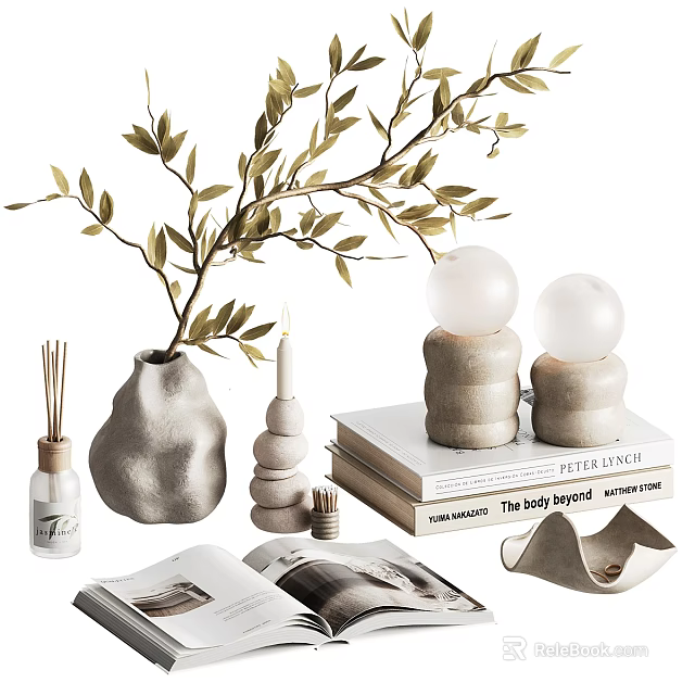 Decorative Ornament Set with Gray Vase Green Branch Stacked Candles White Sphere Ornaments and Books 3d model 