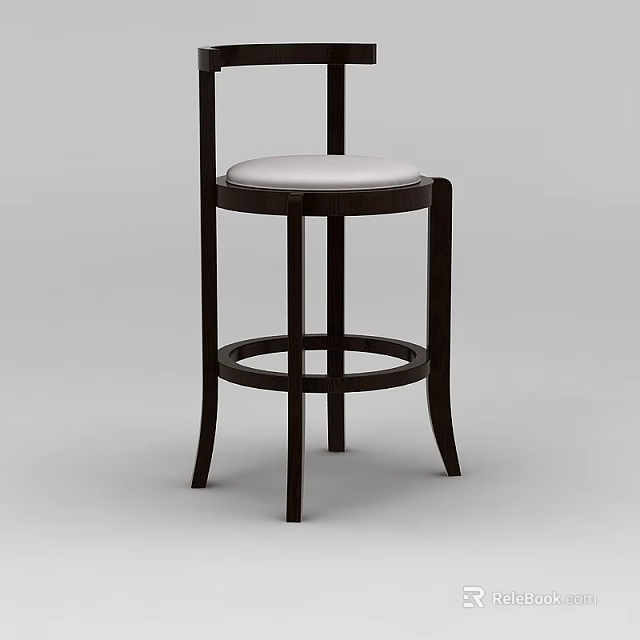 Elegant Dark Wood Bar Stool With White Padded Seat And Round Base Legs 3d model 