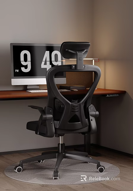 Ergonomic Black Office Chair For Home Office Workstation With Computer Monitor And Wooden Desk 3d model 