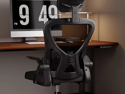 Ergonomic Black Office Chair For Home Office Workstation With Computer Monitor And Wooden Desk 3d model