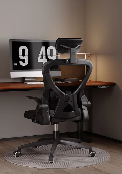 Ergonomic Black Office Chair For Home Office Workstation With Computer Monitor And Wooden Desk 3d model