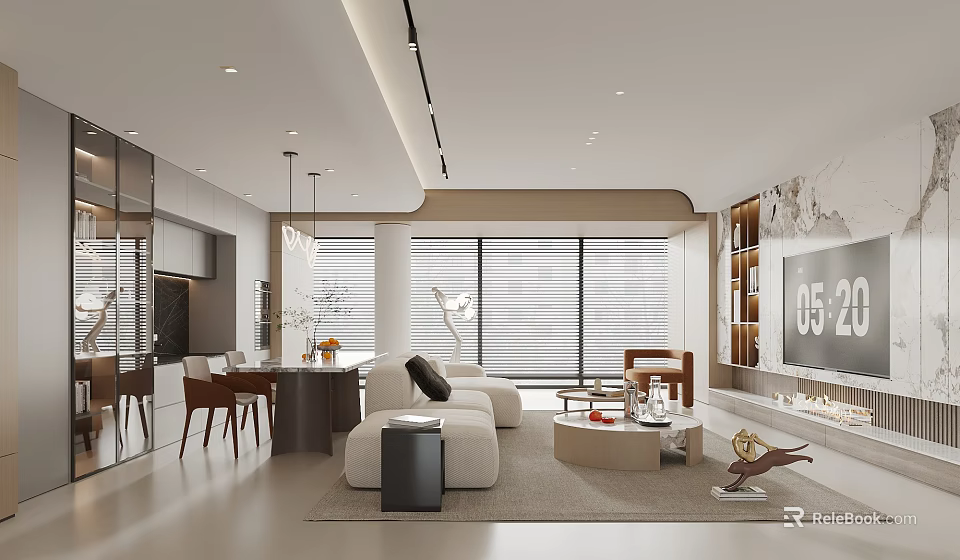 Modern Living And Dining Room Interior With Open Layout Sofa Coffee Table And Dining Chairs 3d model