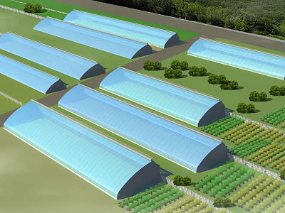 Long Agricultural Industrial Greenhouses With Blue Roofs Surrounded by Crop Fields And Trees 3d model