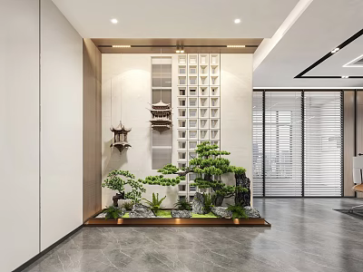 Modern Luxury Reception Desk With Rockery Green Plants And Grid Background 3d model