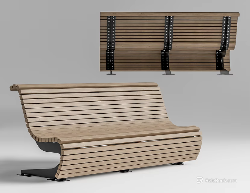 Modern Wooden Bench With Curved Slat Design And Metal Support Structure 3d model 