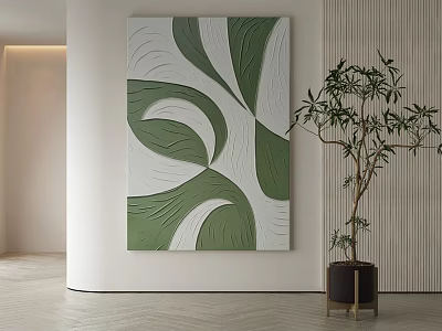 Green And White Leaf Pattern Landscape Painting In Modern Interior With Potted Plant And Light Wall 3d model