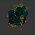Vintage Green Velvet Armchair With Red Carved Wooden Frame And Curved Legs