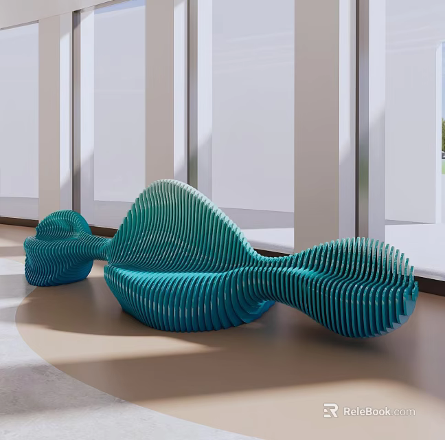 Teal Wave Shaped Leisure Chairs With Striped Structure In Bright Indoor Space 3d model 