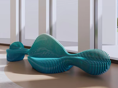 Teal Wave Shaped Leisure Chairs With Striped Structure In Bright Indoor Space 3d model