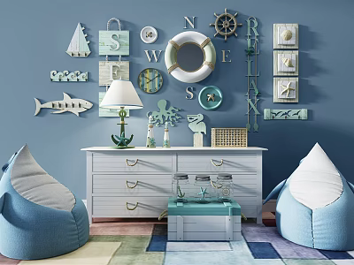 Mediterranean Lazy Sofa Children Shark Sofa Lazy Sofa Side Cabinet Lifebuoy 3d model