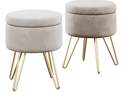 Modern Light Gray Velvet Ottoman with Round Padded Seat and Golden Metal Legs 3d model