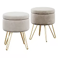 Modern Light Gray Velvet Ottoman with Round Padded Seat and Golden Metal Legs