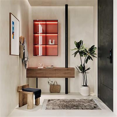 Stylish Entryway Hallway With Artwork Coat Hooks Red Glass Cabinet Wooden Countertop Greenery Black Door 3d model